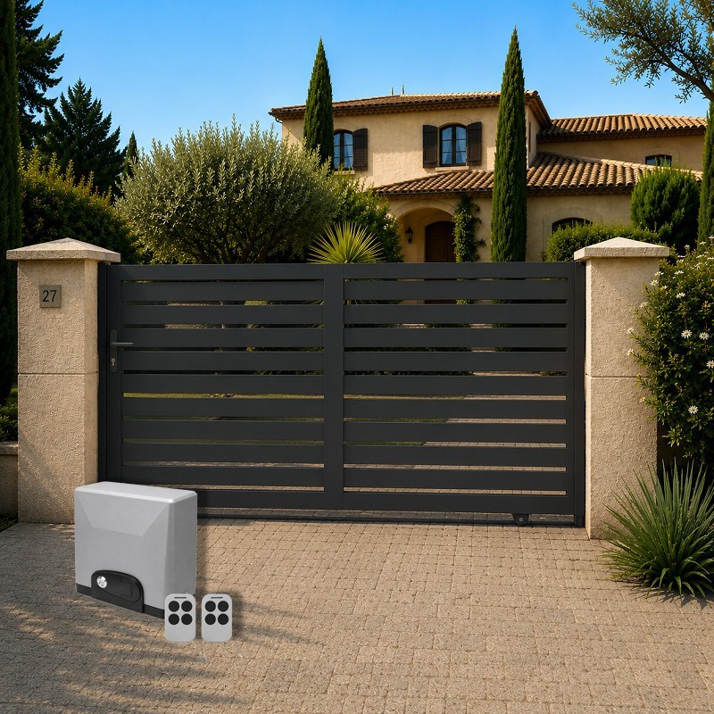 Portail Onyx Aluminium Coulissant Standard Gris avec motorisation offerte TITAN SLIDE