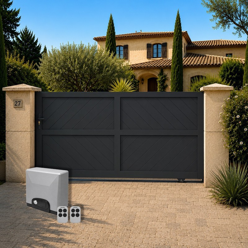 Portail Obsidienne Aluminium Coulissant Standard Gris avec motorisation offerte TITAN SLIDE